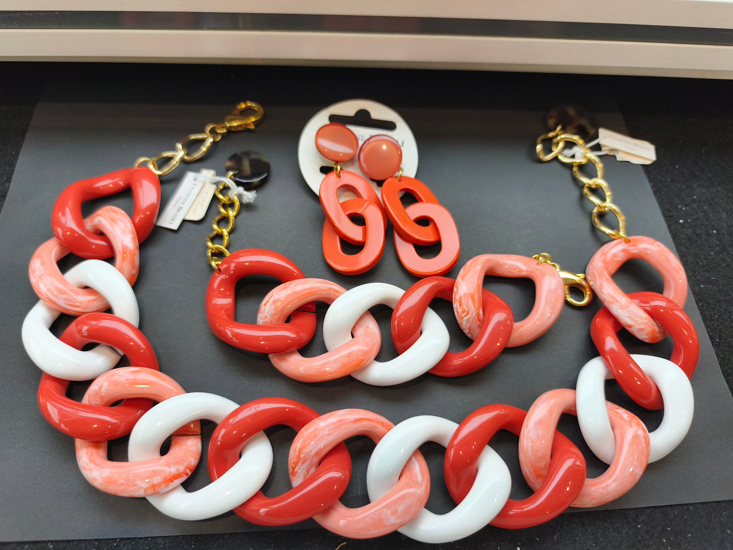 Parure Francine Bramli maille acétate de cellulose ton orangé rose et blanc